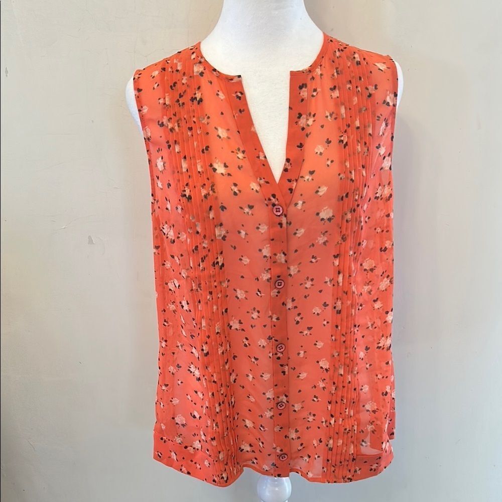 Cabi Orange Floral Button Front Sheer Sleeveless Blouse Size M Euc